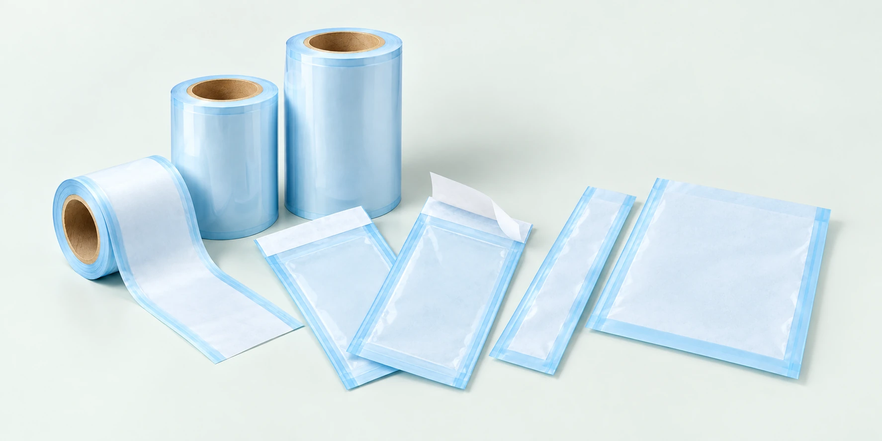 Sterilization reels, self-sealing pouches and custom-sized pouches together