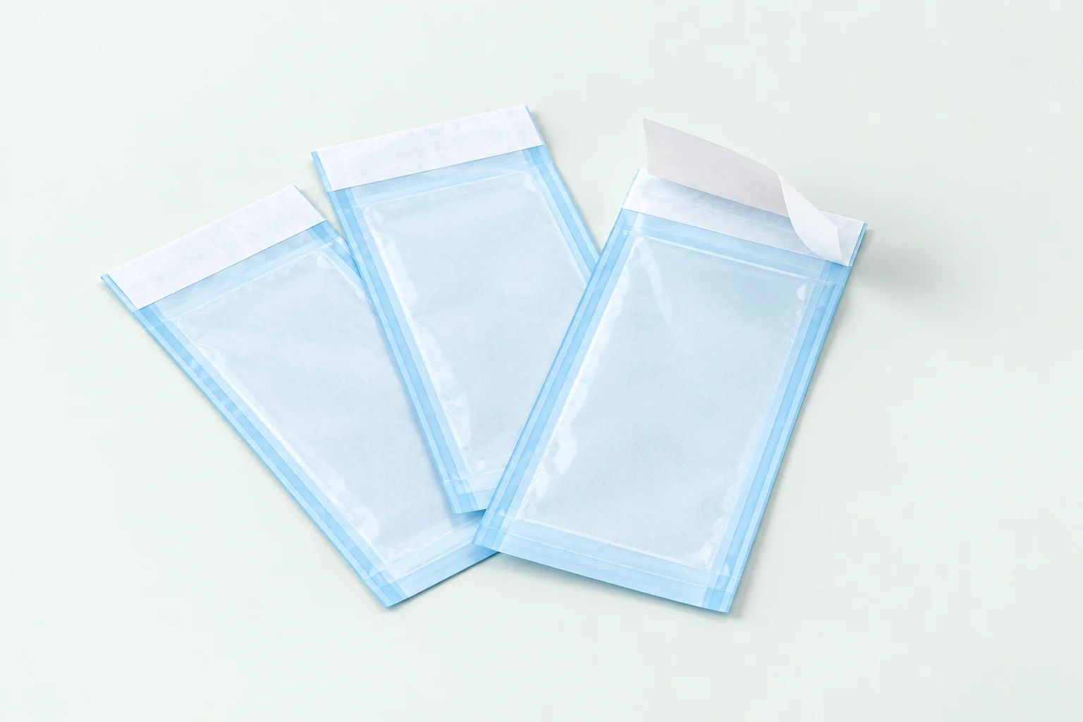 Self-sealing pouches with adhesive closure flaps